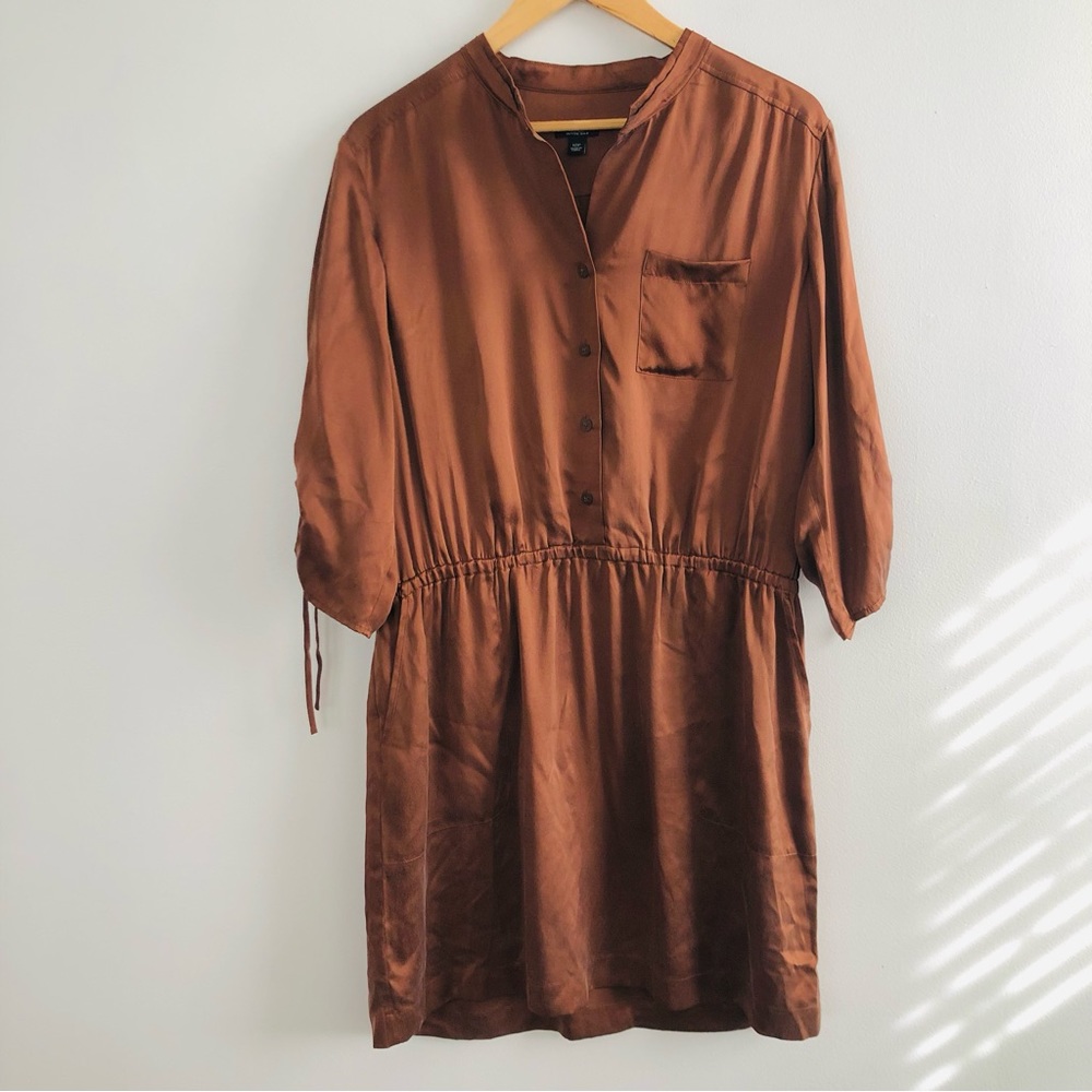 [Ann Taylor] Copper Silk Button Front Gathered Waist Drawstring Sleeve Dress